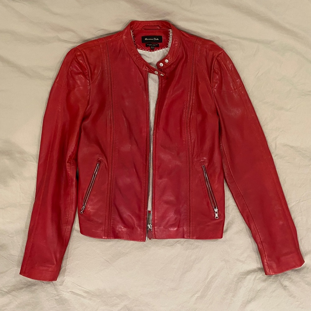 Massimo Dutti | Red Zipped Leather Jacket | Size M